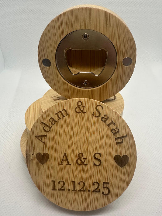 Wooden bottle opener with engraved text on a white background