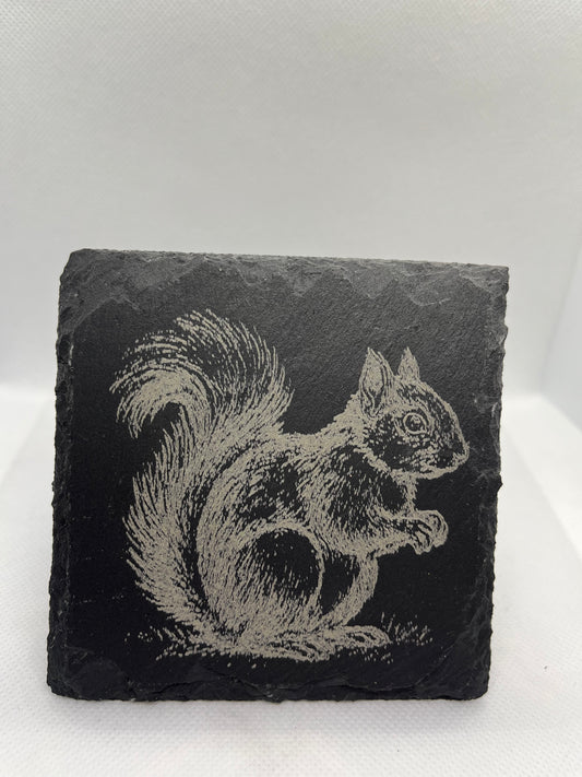 Slate coaster with engraved squirrel design on a white background